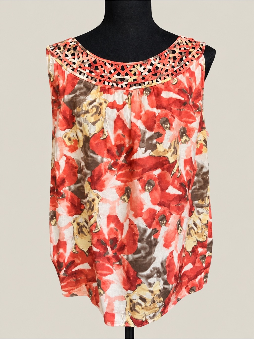 Dana Buchman Floral Sleeveless Tank Top XL Boho Crochet Neck Cotton